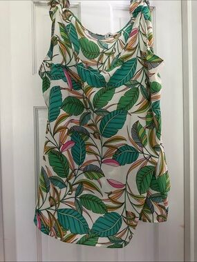 Rose & Olive  Tropical Leaf top- Green/White/Pink blouse
